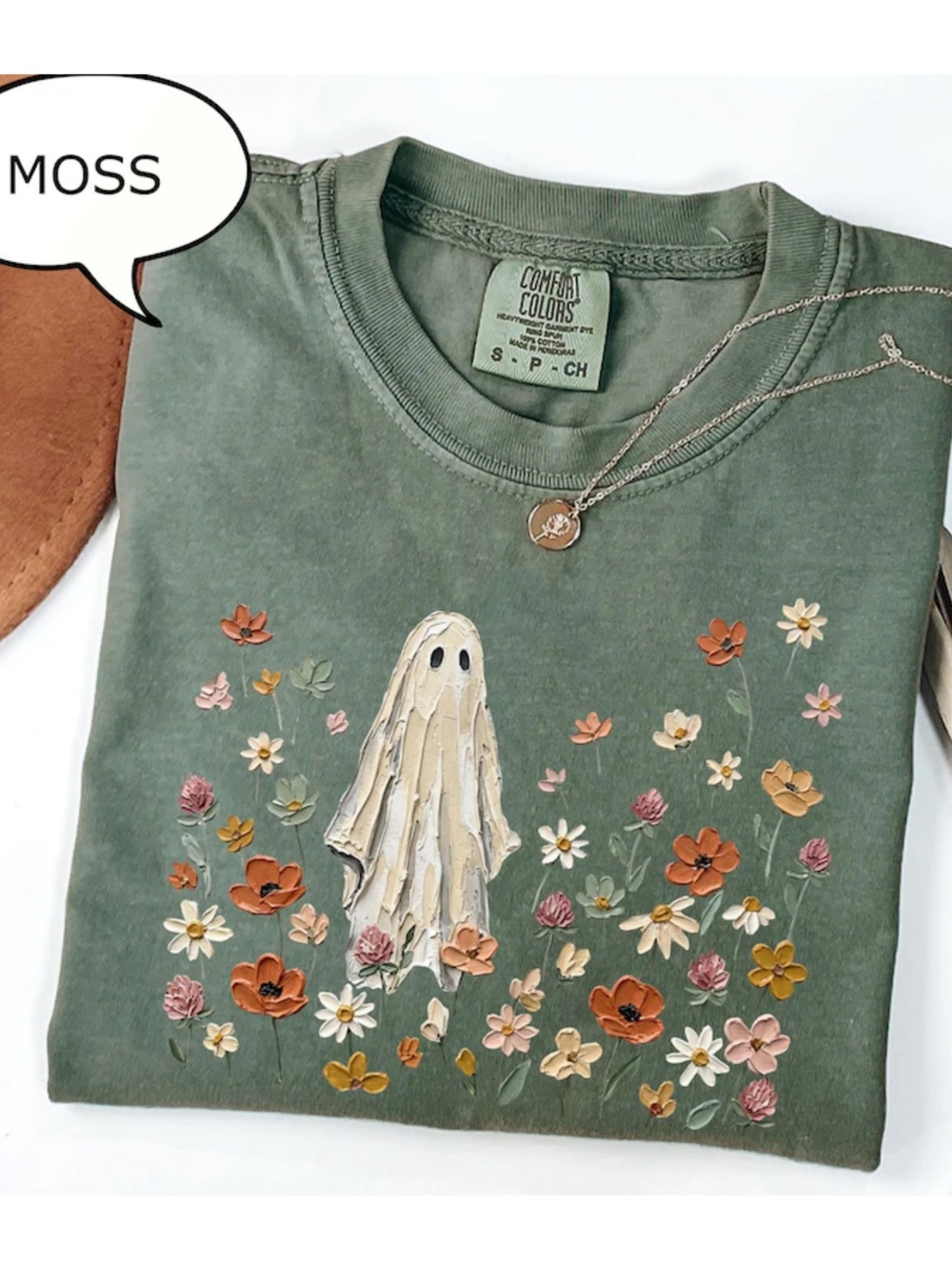 Comfort Colors Moss Green Short Sleeve Tee with Ghost & Floral Print